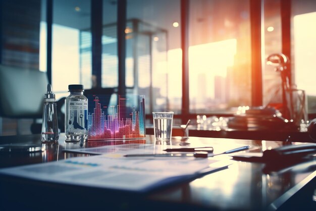 Photo close-up de documents d'affaires sur une table de bureau avec un verre d'eau