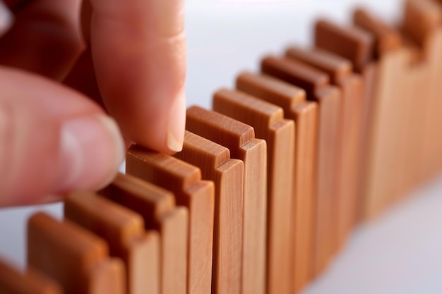 Close-up des doigts stabilisant une pièce de domino dans une rangée