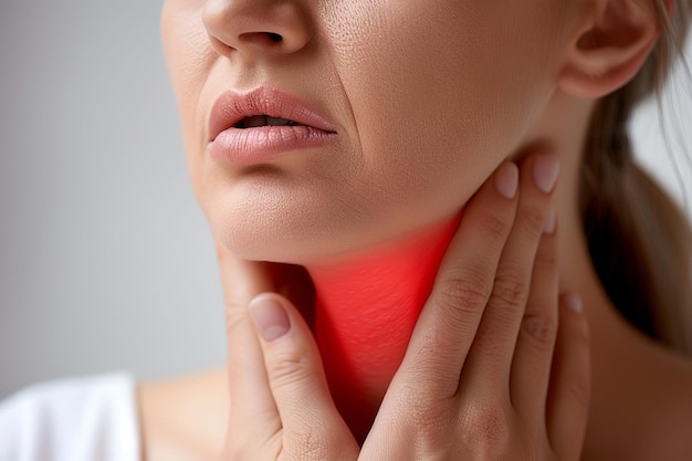 Photo close-up d'une douleur à la gorge d'une femme soulignée en rouge