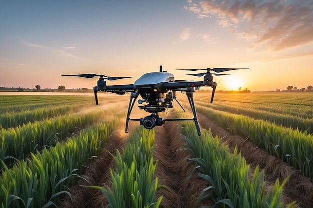 Close-up d'un drone en mouvement pulvérisant des pesticides, des engrais ou de l'eau sur un champ de blé cultivé au lever ou au coucher du soleil