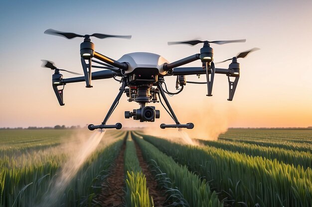 Close-up d'un drone en mouvement pulvérisant des pesticides, des engrais ou de l'eau sur un champ de blé cultivé au lever ou au coucher du soleil