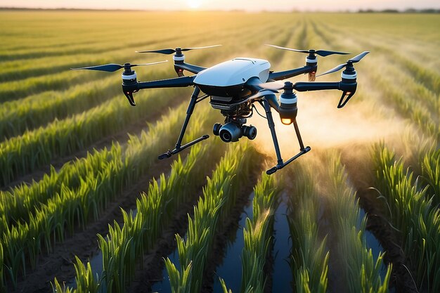 Close-up d'un drone en mouvement pulvérisant des pesticides, des engrais ou de l'eau sur un champ de blé cultivé au lever ou au coucher du soleil