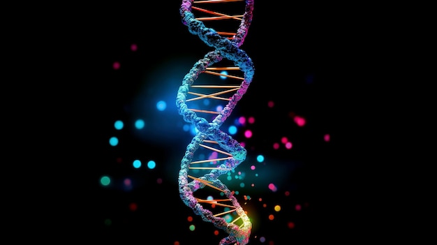 Close-up du génome d'ADN sur une structure d'ADN noire sur un fond noir Concept de biotechnologie d'ADN