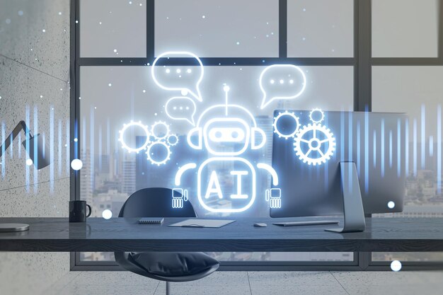 Close-up du lieu de travail du bureau avec ordinateur et fournitures sur le bureau robot brillant créatif ai hologramme sur fond flou apprentissage automatique et concept d'assistant rendu 3D