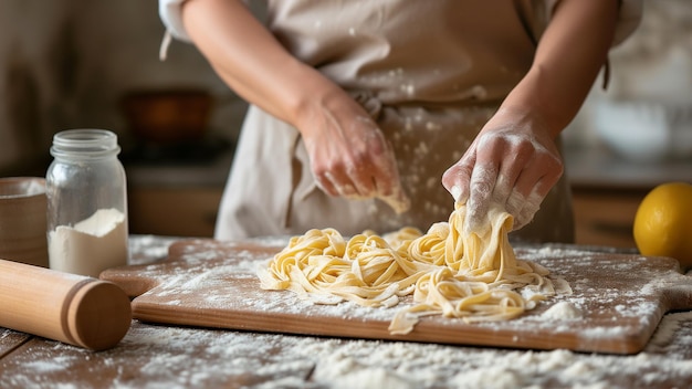 Close-up du processus de cuisson des pâtes faites maison Chef faire des pâtes traditionnelles italiennes fraîches