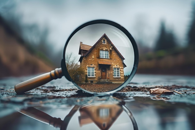 Close-up du reflet d'une maison charmante dans une loupe mystère de recherche de concept scène artistique en plein air IA