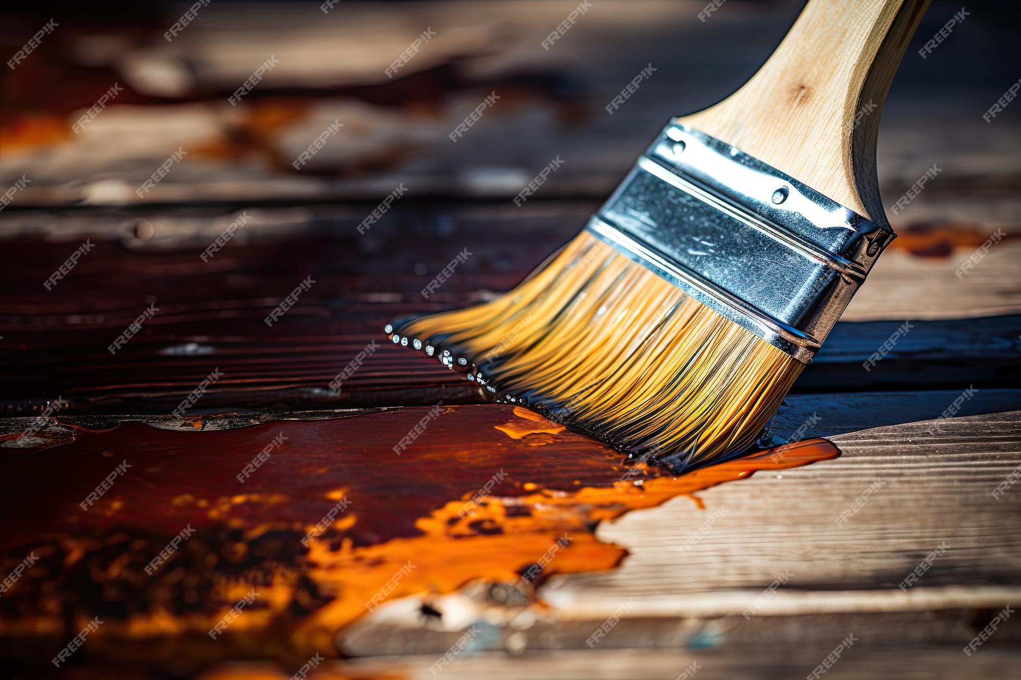 Close-up Du Vernis Qui Coule Du Pinceau De Peinture Planche En Bois Naturel  Avec Laque à Pinceau