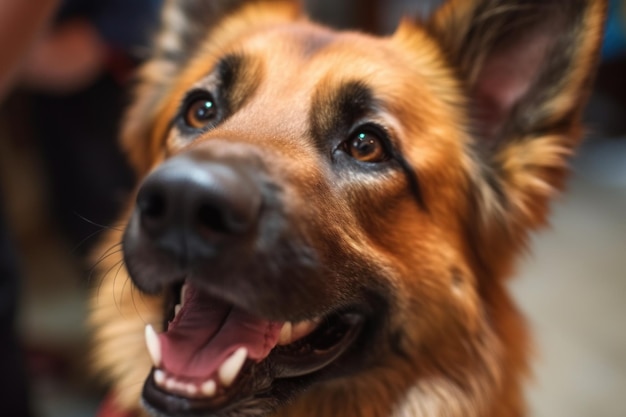 Close-up du visage du chien avec sa langue suspendue et ses yeux brillants créés avec l'AI générative