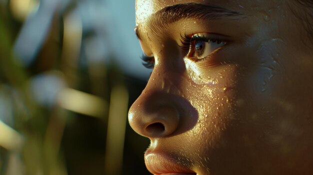 Close-up du visage d'un enfant 39 brillant avec des gouttes d'eau à la lumière du soleil doré