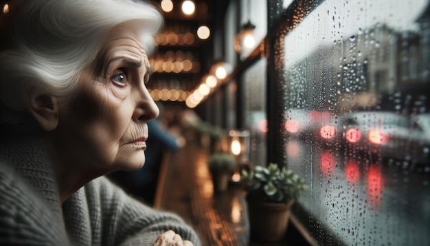 Close-up du visage d'une femme âgée gravée avec inquiétude en regardant par la fenêtre d'un bar pendant une journée de pluie