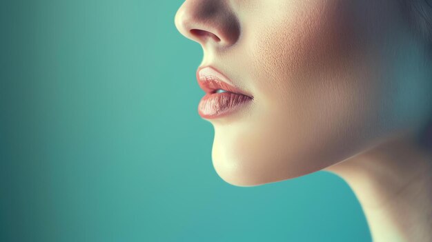 Photo close-up du visage d'une femme la femme a une peau impeccable lèvres pleines et un nez parfait elle détourne le regard de la caméra avec les yeux fermés