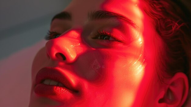 Photo close-up du visage d'une femme illuminé par la lumière rouge parfait pour des concepts dramatiques ou mystérieux