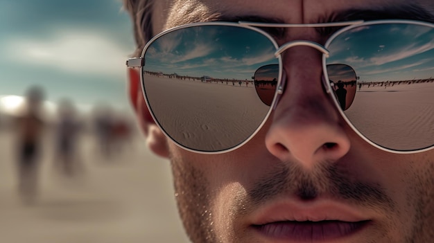 Photo close-up du visage de l'homme dans des lunettes de soleil avec réflexion de plage créé à l'aide d'outils d'ia génératifs