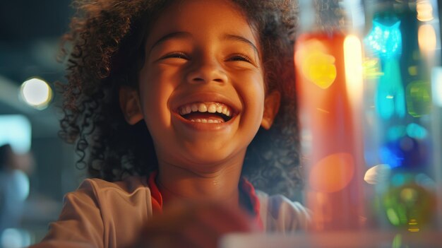 Photo close-up d'un élève élémentaire heureux qui rit en tenant un bol de verre