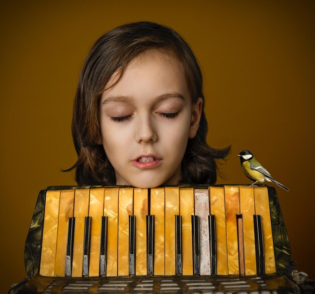 Photo close-up d'un enfant près des touches de l'accordéon avec l'oiseau de tit