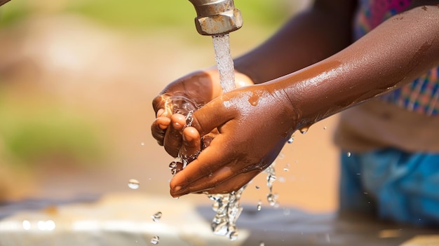 Close-up d'enfants africains se lavant les mains avec de l'eau courante