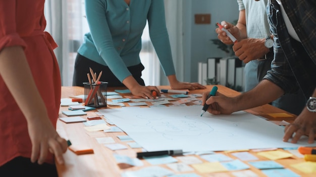 Close-up d'une équipe de développeurs intelligents utilisant une carte mentale pour faire un brainstorming Symposium d'idées