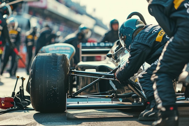 close-up d'une équipe de pit professionnelle ajustant la suspension d'une voiture de course pendant un pitstop