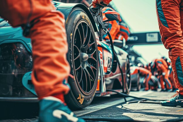 close-up d'une équipe de pit professionnelle nettoyant le pare-brise d'une voiture de course pendant un pitstop