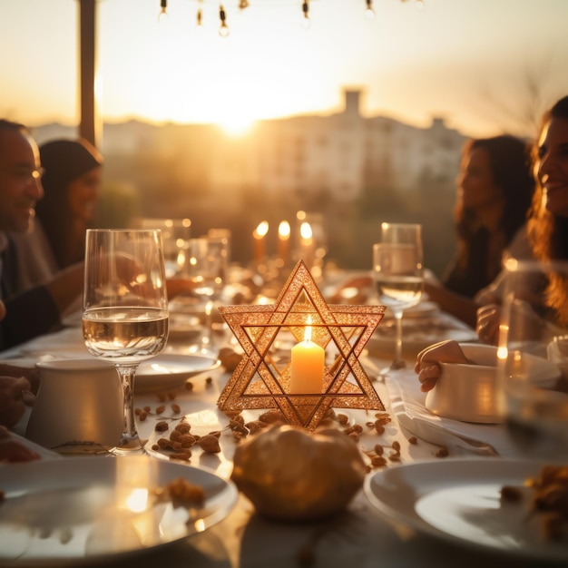 close-up de l'étoile de David symbolisant l'unité sur une table de diner festive de Hanouka