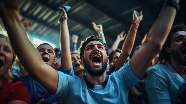 Photo close-up des fans portant des chemises bleu clair ont regardé et acclamé le match en direct