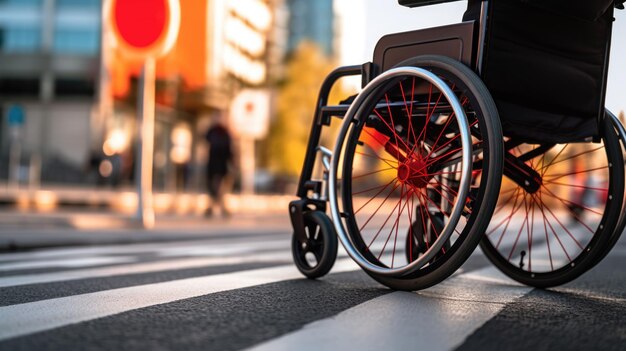 Close-up d'un fauteuil roulant traversant une rue mettant en évidence la mobilité et l'accessibilité dans un environnement urbain