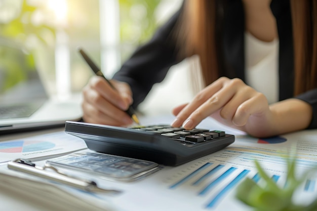 Close-up d'une femme d'affaires comptable travaillant au bureau en utilisant une calculatrice pour calculer les finances de la maison