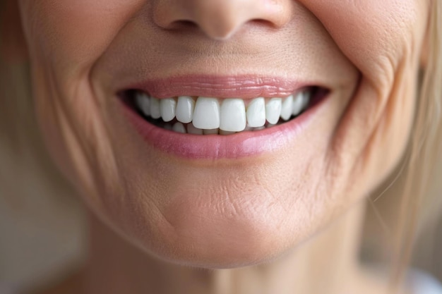 Photo close-up d'une femme âgée européenne souriante et brillante montrant des dents blanches en bonne santé