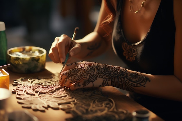 Close-up d'une femme créant un mehndi complexe