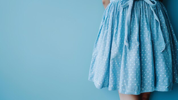 Close-up d'une femme dans une robe bleue avec des pointes blanches La robe a une jupe plissée et un nœud à la taille