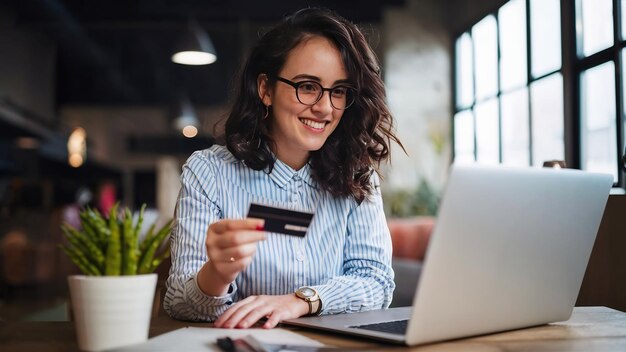 Close-up d'une femme faisant des achats en ligne avec une carte de crédit et un ordinateur portable