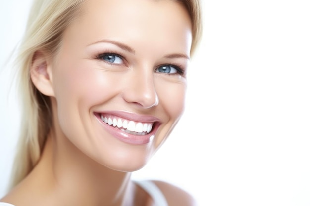 Photo close-up d'une femme souriante sur un fond blanc