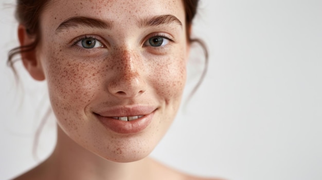 Close-up d'une femme tachetée avec une expression sereine soulignant la beauté naturelle et la simplicité