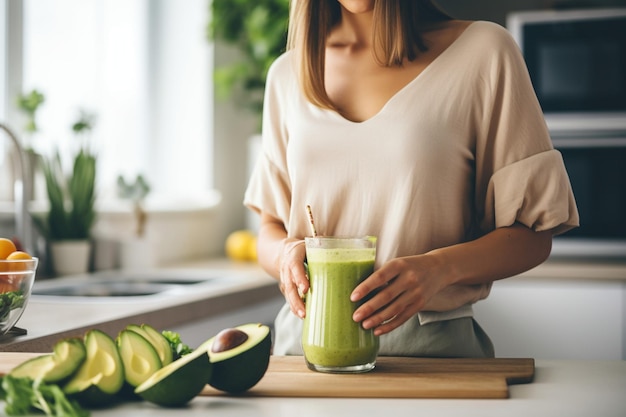 Close-up d'une femme utilisant de l'avocat alors qu'elle prépare un smoothie de désintoxication dans la cuisine