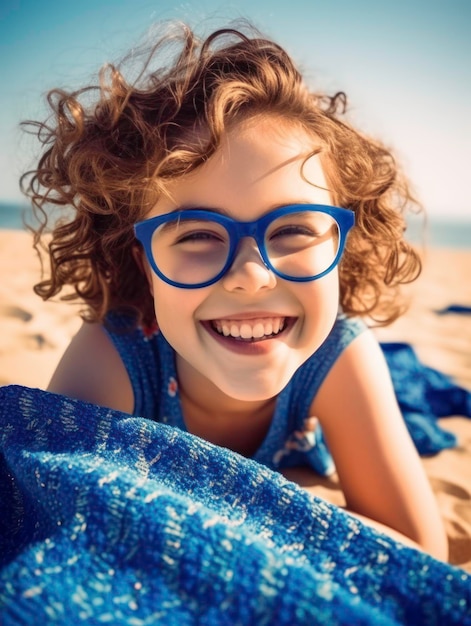 Close-up d'une fille assise sur une serviette de plage dans un maillot de bain bleu et des lunettes de soleil