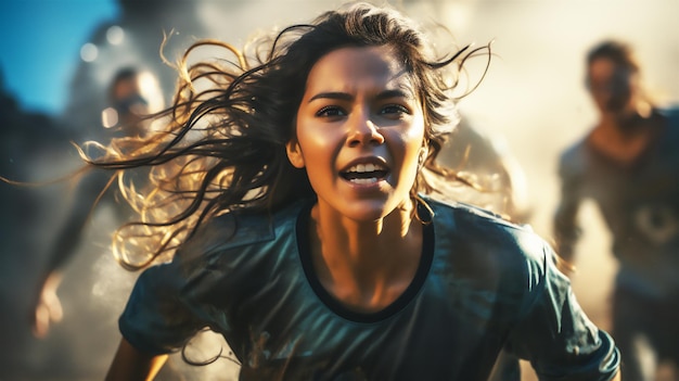 Close-up d'une footballeuse jouant un match en plein air hispanique