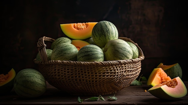 Close up Fresh Watermelon dans un panier en bambou avec arrière-plan flou