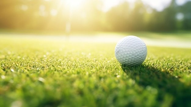 Close-up génératif de balle de golf AI en mise au point douce à la lumière du soleil terrain de jeu sportif pour club de golf