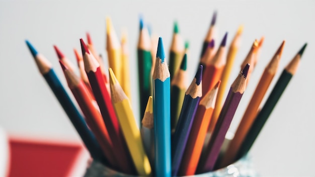 Close-up avec un groupe de crayons de couleur sélectionné focus bleu