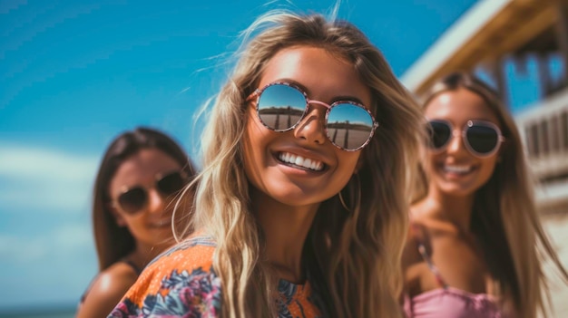 Close-up d'un groupe de jeunes femmes en bikinis colorés et lunettes de soleil posant et souriantes