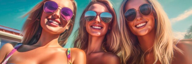 Close-up d'un groupe de jeunes femmes en bikinis colorés et lunettes de soleil posant et souriantes