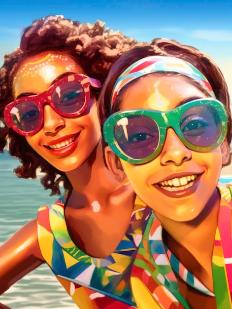 Close-up d'un groupe de jeunes femmes en bikinis colorés et lunettes de soleil posant et souriantes