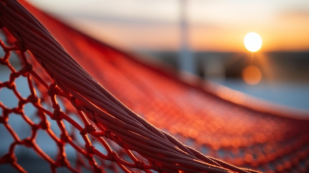 Close-up d'un hamac tissé au coucher du soleil généré par l'IA