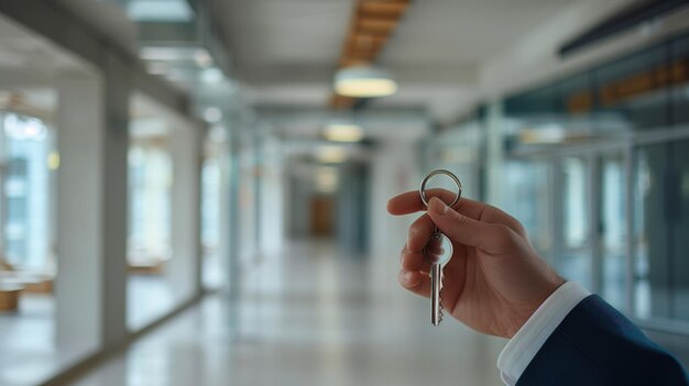 Close-up d'un homme d'affaires tenant la clé de la maison dans le couloir du bureau Concept immobilier