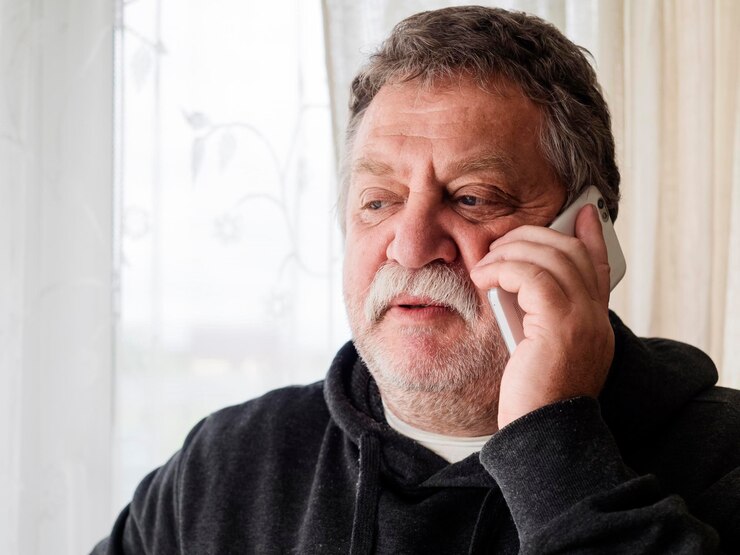 Photo close-up d'un homme âgé utilisant le téléphone à la maison