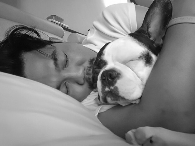 Close-up d'un homme avec un bulldog français dormant sur un lit