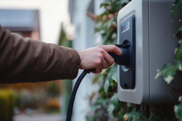 Close-up d'un homme chargant une voiture électrique à une station de charge générée par l'IA