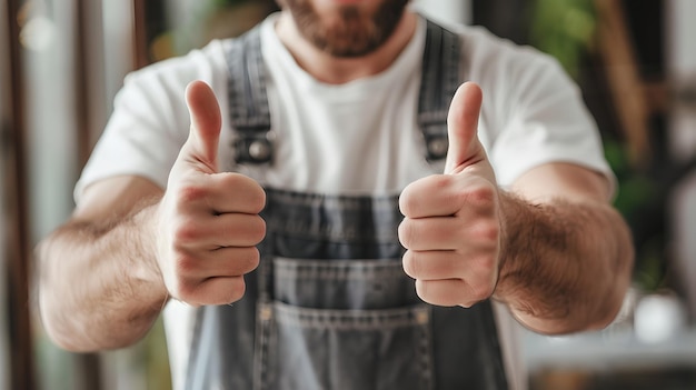 Close-up d'un homme donnant le pouce vers le haut montrant l'approbation et la rétroaction positive Style décontracté se concentre sur les mains Concept de satisfaction et de qualité Portrait d'encouragement à utiliser dans divers médias AI