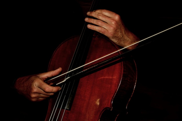 Close-up d'un homme jouant du violoncelle sur un fond noir