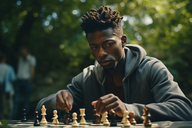 Close-up d'un homme noir jouant aux échecs dans un parc